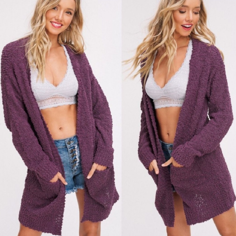 SILVA Cardigan Sweater Longline Open Front Knit Easy Fit Eggplant Sm And Lg NWT